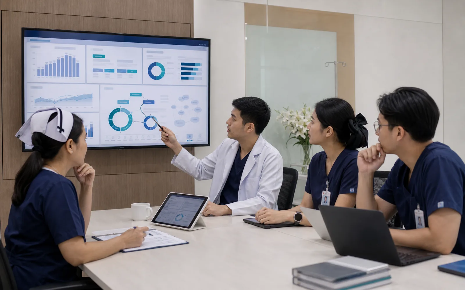 ทีมคุณภาพไทยกำลังทบทวน dashboard ตัวชี้วัดในห้องประชุมโรงพยาบาล